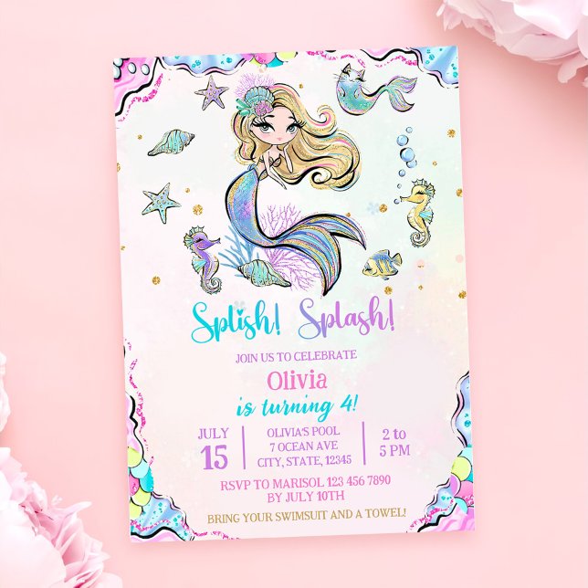 Mermaid Splish Splash 4th Birthday Party Invitation (Creator Uploaded)