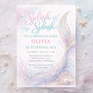 Mermaid Splish Splash 6th Birthday Bash Party Invitation