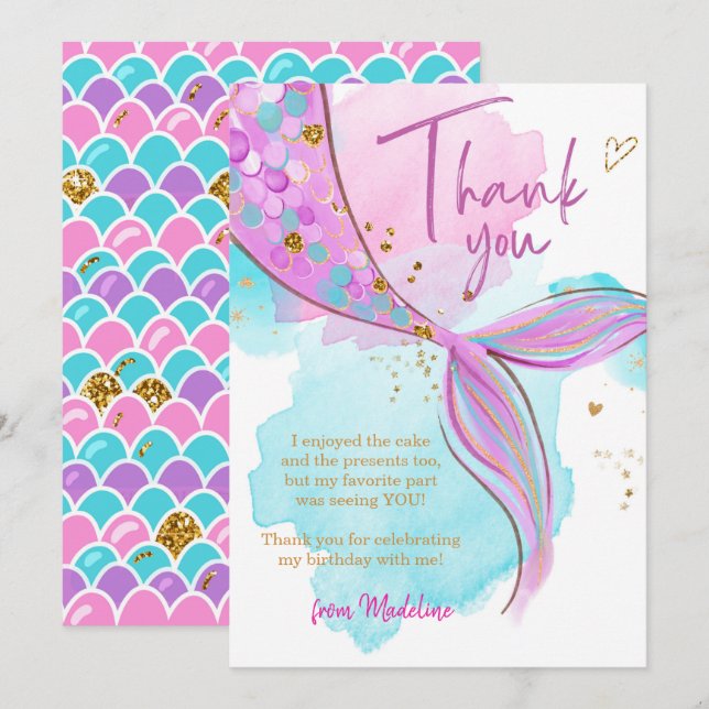 Mermaid Splish Splash Pool Girl Thank You Card (Front/Back)