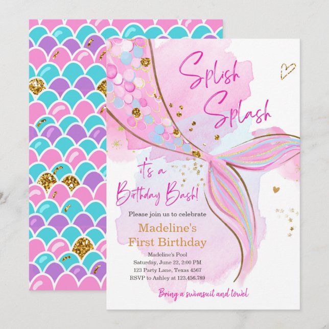 Mermaid Splish Splash Pool Party Girl Birthday Inv Invitation (Front/Back)