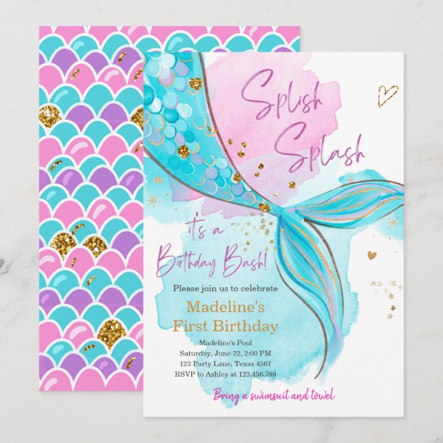 Mermaid Splish Splash Pool Party Girl Birthday Invitation (Front/Back)