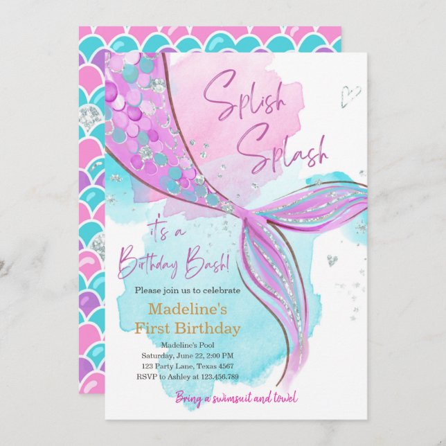 Mermaid Splish Splash Pool Party Girl Birthday Invitation (Front/Back)