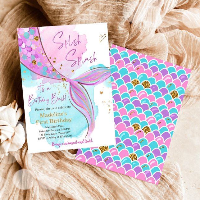 Mermaid Splish Splash Pool Party Girl Birthday Invitation (Creator Uploaded)