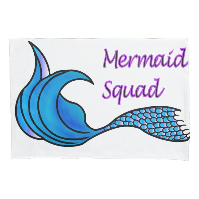 Mermaid Squad blue mermaid tail on a pillow case (Front)