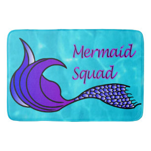 Mermaid Squad Purple Mermaid Tail on blue bath mat