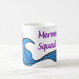Mermaid Squad with blue mermaid tail on a mug