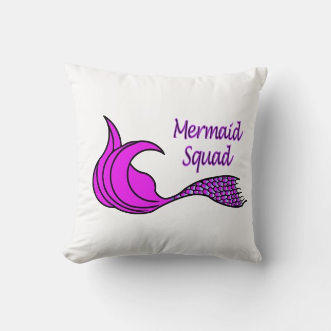 Mermaid Squad with pink mermaid tail throw pillow (Front)