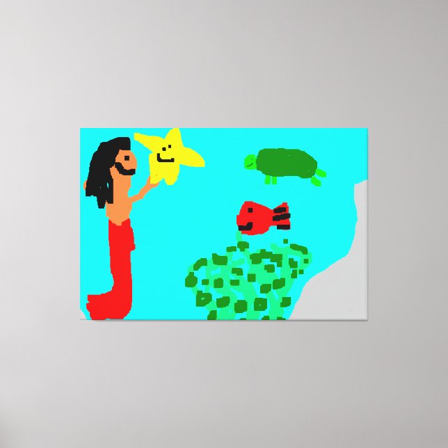 Mermaid Star Fish Turtle Seaweed Ocean Life Art Canvas Print (Front)