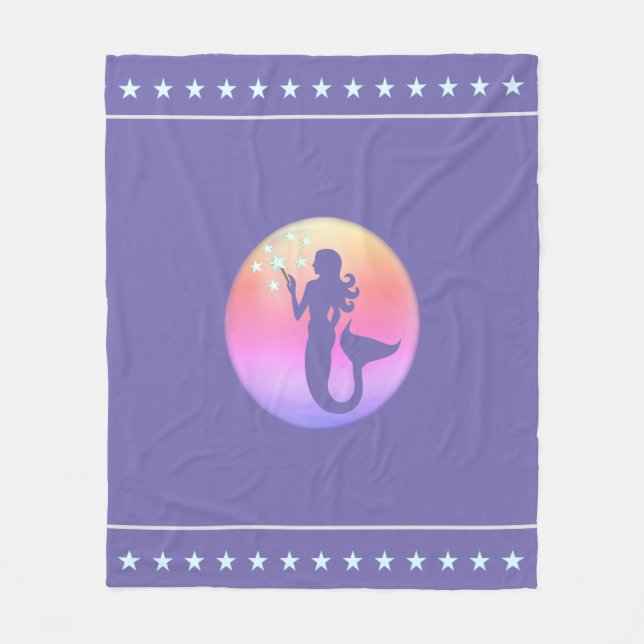 Mermaid & Star Pattern on Lavender Blue Fleece Blanket (Front)