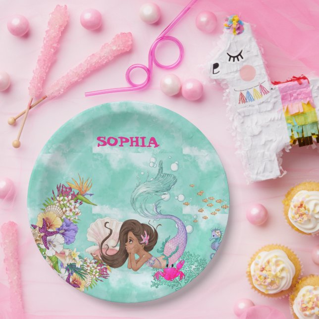 Mermaid Starfish Dark Hair Cute Personal Napkins Paper Plate (Party)