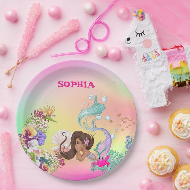 Mermaid Starfish Dark Hair Cute Rainbow Paper Plat Paper Plate (Party)