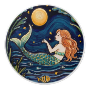 Mermaid Starry Night Sea Ocean Fairytale Navy Blue Ceramic Knob