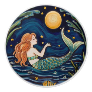 Mermaid Starry Night Sea Ocean Fairytale Navy Blue Ceramic Knob