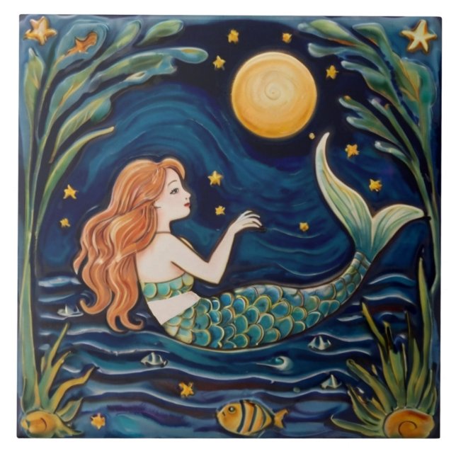 Mermaid Starry Night Sea Ocean Fairytale Navy Blue Tile (Front)