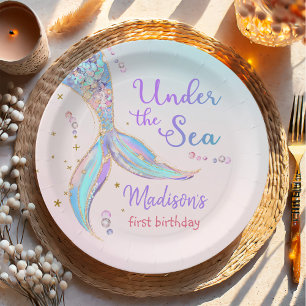 Mermaid Summer Pool 1st Birthday Party Paper Plate