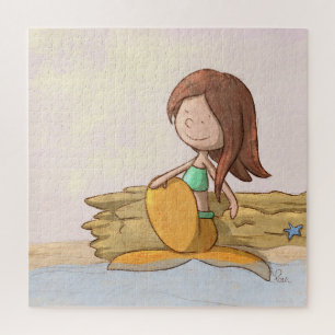 Mermaid Sunset Beach Dreaming Illustration Jigsaw Puzzle