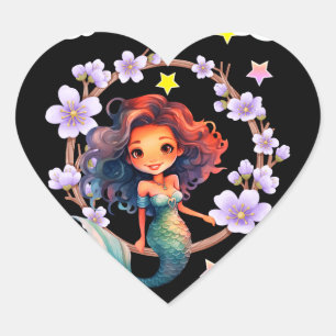 Mermaid surrounded with flowers heart sticker