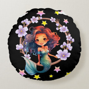 Mermaid surrounded with flowers round cushion