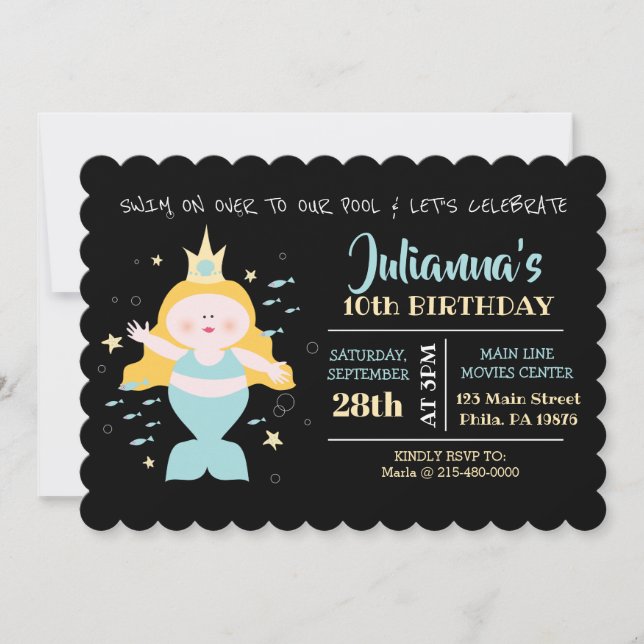 Mermaid Swim Pool Purple Sea Life Birthday Party Invitation (Front)