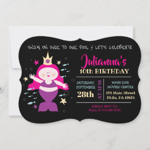 Mermaid Swim Pool Purple Sea Life Birthday Party Invitation