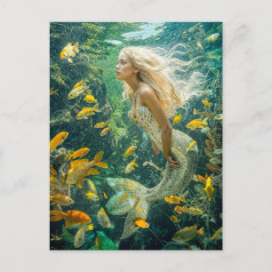 Mermaid Swimming Among Yellow Fish School Holiday Postcard