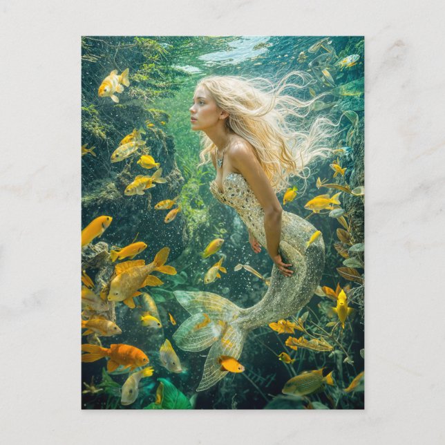 Mermaid Swimming Among Yellow Fish School Holiday Postcard (Front)