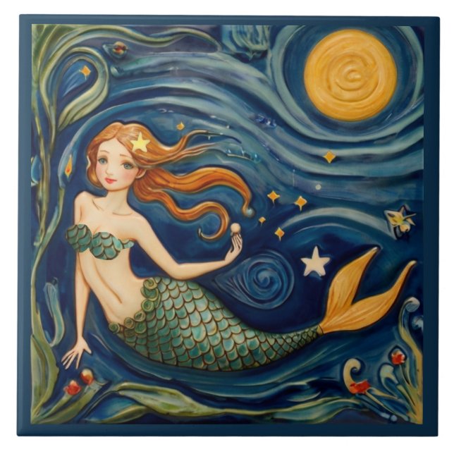 Mermaid Swimming Underwater Sea Ocean Fairytale Tile (Front)