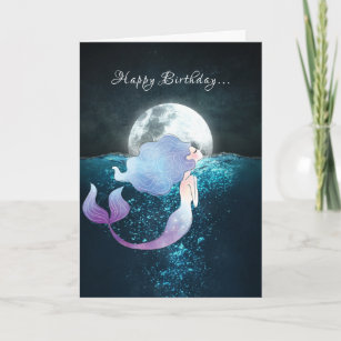 Mermaid Swimming with a Full Moon Beach Birthday Card