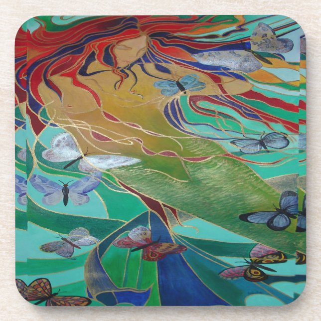 Mermaid Swimming with Butterflies Fantasy Art Coaster (Front)