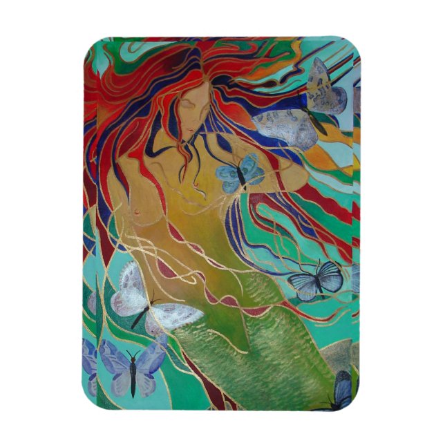 Mermaid Swimming with Butterflies Fantasy Art Magnet (Vertical)