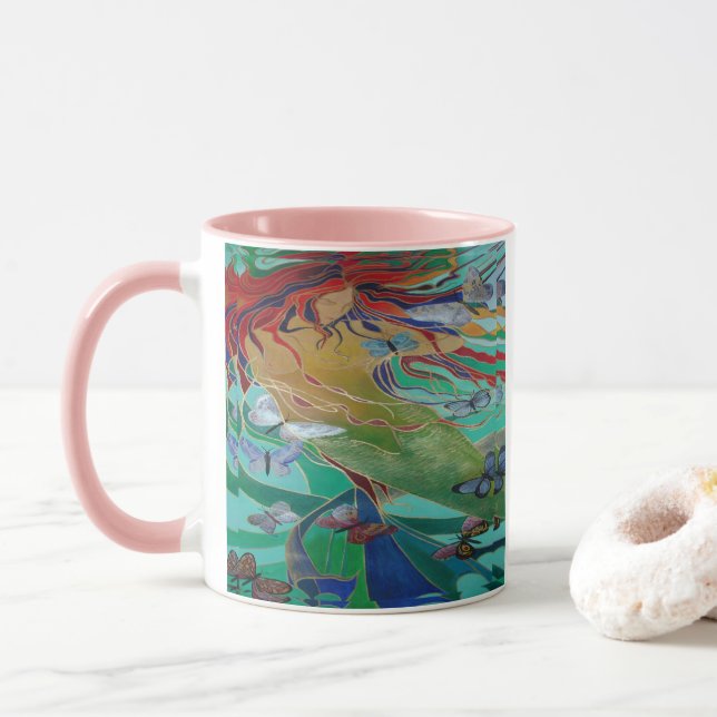 Mermaid Swimming with Butterflies Fantasy Art Mug (With Donut)