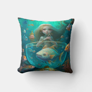 Mermaid swimming with fish cute throw pillow
