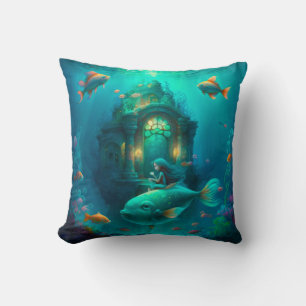 Mermaid swimming with fish  cute throw pillow