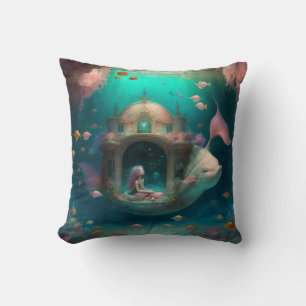Mermaid swimming with fish  cute throw pillow