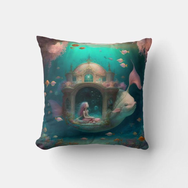 Mermaid swimming with fish  cute throw pillow (Front)