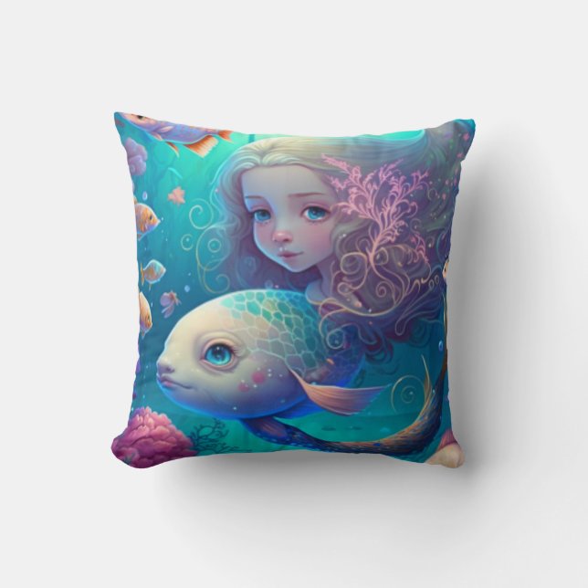 Mermaid swimming with fish  cute throw pillow (Front)