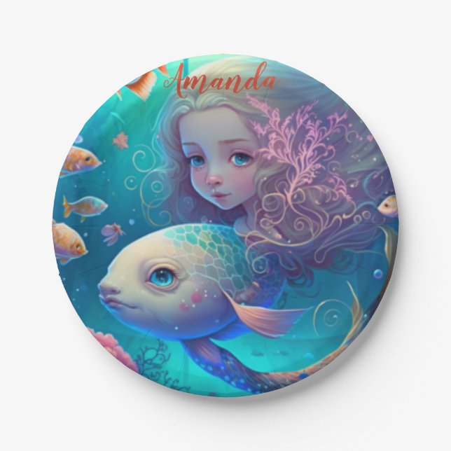 Mermaid swimming with fish  cute wall clock paper  paper plate (Front)