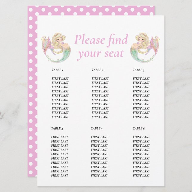Mermaid  Table chart  poke dots Invitation (Front/Back)