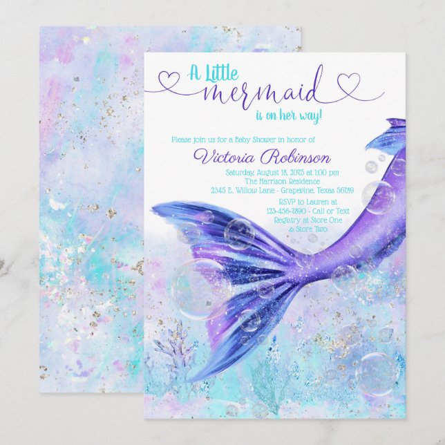Mermaid Tail Baby Purple Teal Blue Baby Shower Invitation (Front/Back)