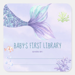 Mermaid tail - baby shower bookplate square sticker
