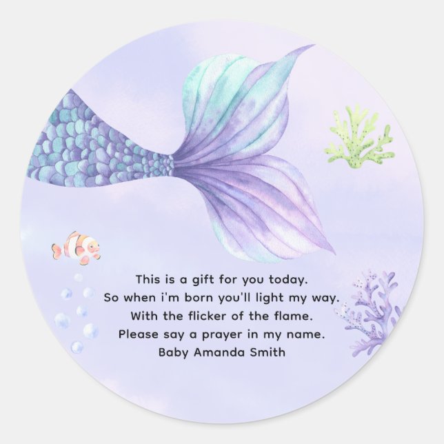 Mermaid tail baby shower prayer candle label (Front)
