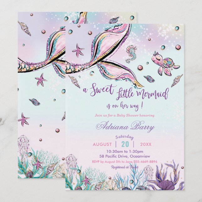 Mermaid Tail Baby Shower Under the Sea Baby Girl Invitation (Front/Back)