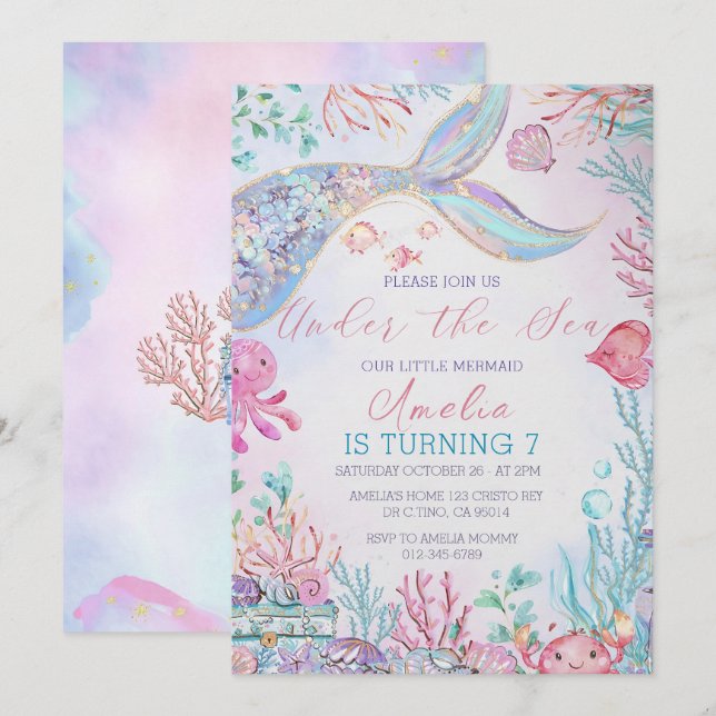 Mermaid Tail Birthday Invitation Mermaid Under the (Front/Back)