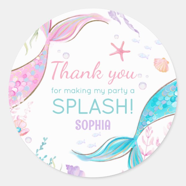 Mermaid Tail Birthday Party Classic Round Sticker (Front)
