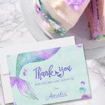 Mermaid Tail Birthday Party Thank You Card<br><div class="desc">Mermaid birthday party thank you card with personalised message. Design features fantasy magical mermaid tails and ocean bubbles with "thank you" lettered in mermaid themed typography. It has a watercolor colour palette of pink purple turquoise and mint green. Mermaid party invitations and supplies are available in store but please message...</div>
