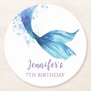 Mermaid Tail Birthday Under the Sea Purple Tones Round Paper Coaster
