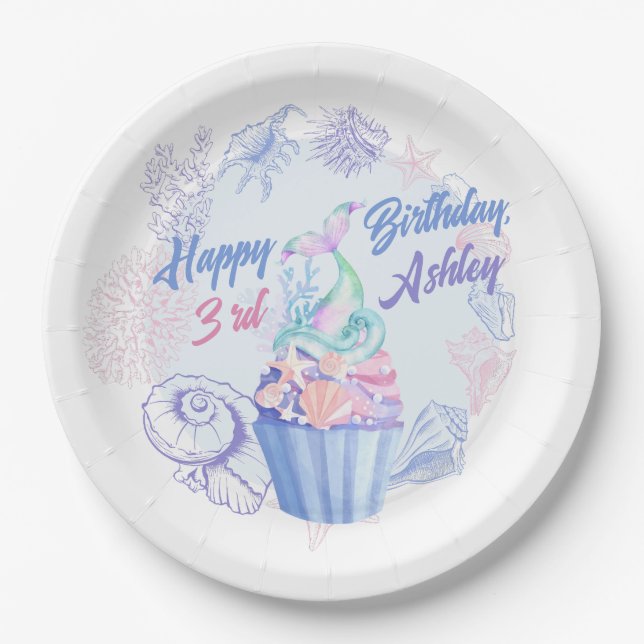 Mermaid Tail Cupcake Birthday Paper Plate (Front)
