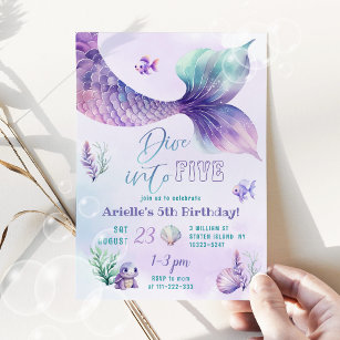 Mermaid tail Dive into Five 5th birthday party Invitation