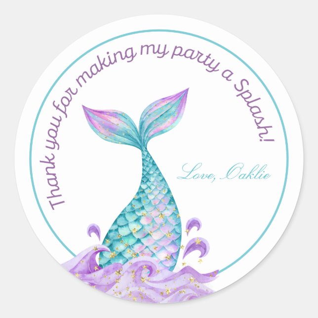 Mermaid Tail Girl Watercolor Birthday Party  Classic Round Sticker (Front)