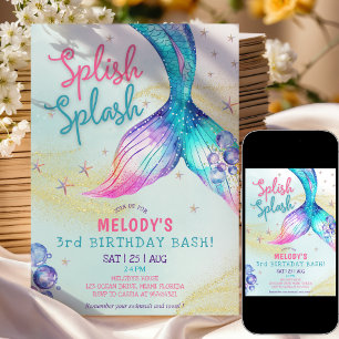 Mermaid Tail Glitter 3rd Birthday Invitation